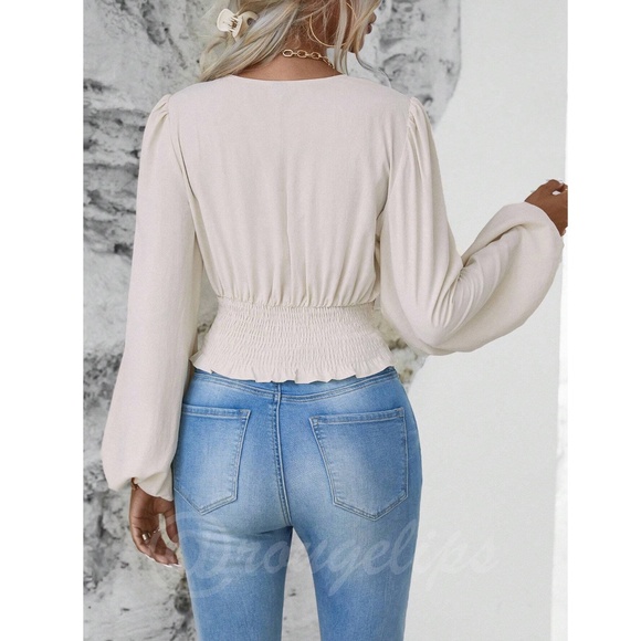 Beige V-Neck Long Lantern Sleeve Ruched Top Shirt Blouse - Picture 3 of 9